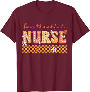 One Thankful Nurse Groovy Fall Turkey Thanksgiving Nurse T-Shirt - T-Shirt | Maroon