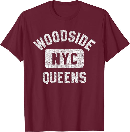 Woodside Queens NYC Gym Style Distressed Print T-Shirt - T-Shirt | Maroon
