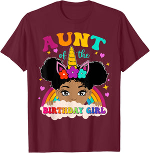 Aunt of The Birthday Girl Rainbow Afro Melanin Unicorn T-Shirt - T-Shirt | Maroon