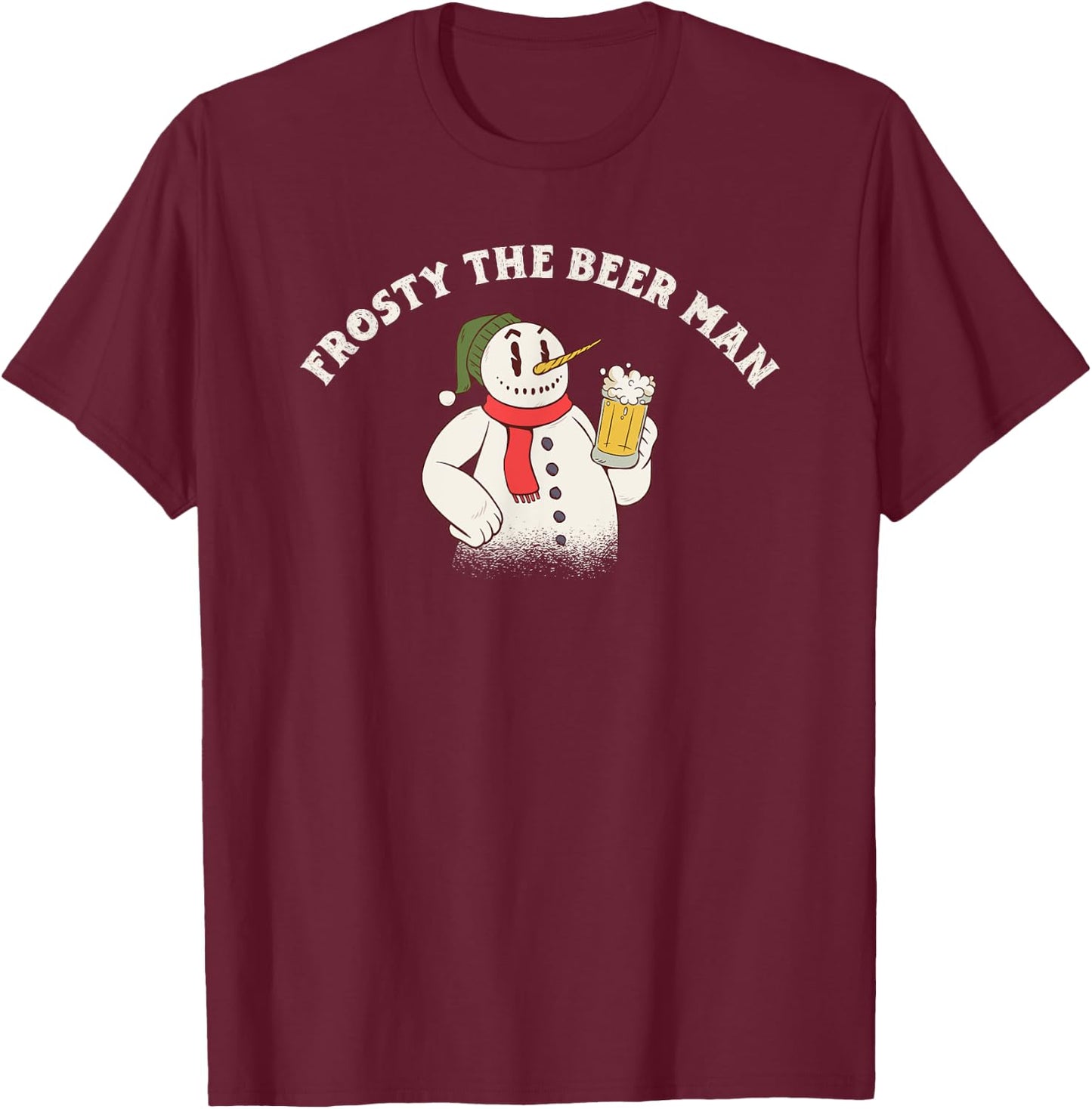 Frosty the Beer Man Snowman Drinking a Beer Pun T-Shirt - T-Shirt | Maroon