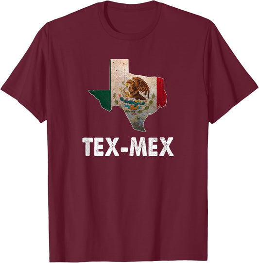 Tex-Mex Texas State with Mexico Flag - Mexican Food Lover T-Shirt - T-Shirt | Maroon
