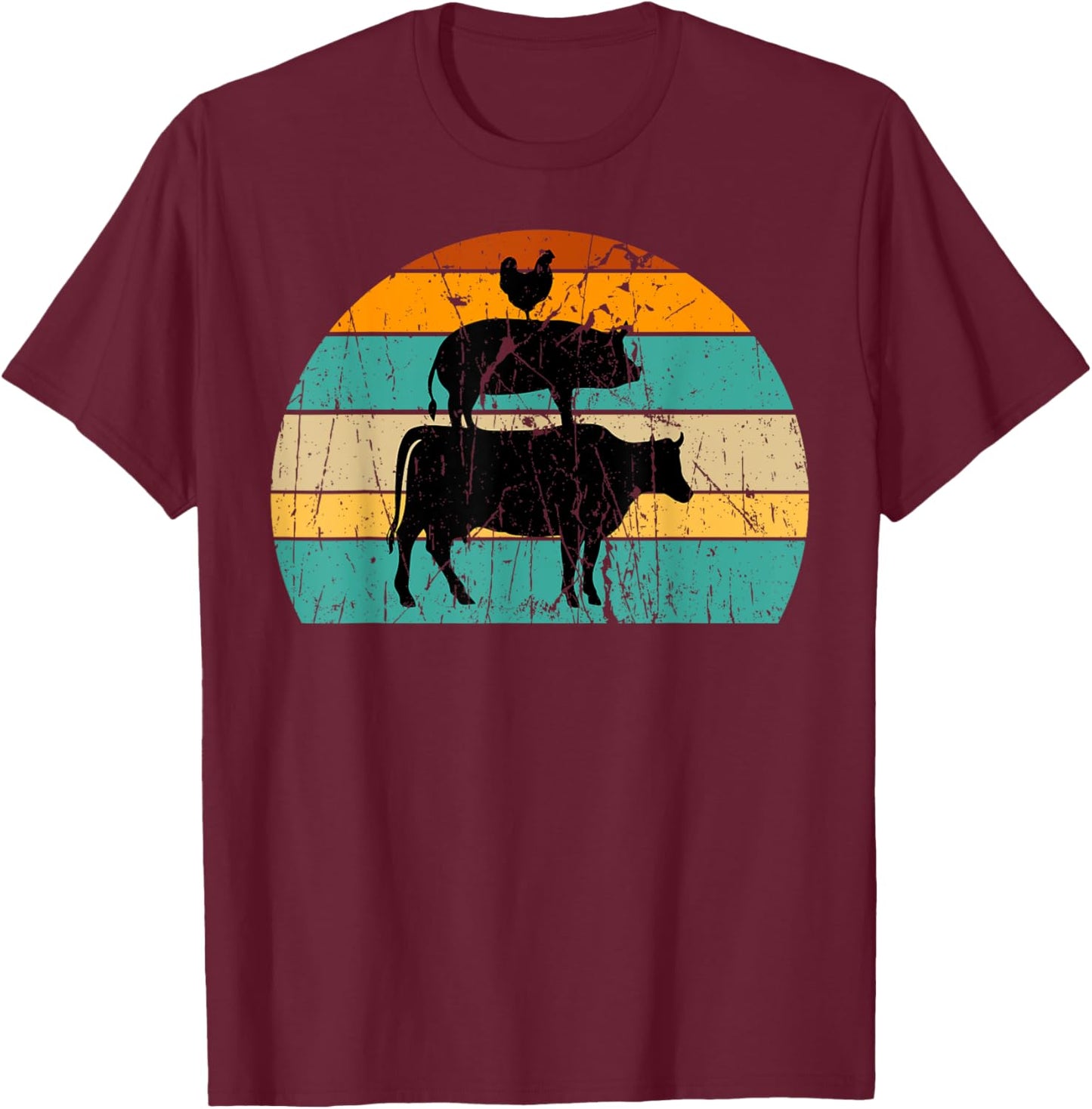 Vintage My Food Pyramid Carnivore Meat Eater Pig Cow Chicken T-Shirt - T-Shirt | Maroon