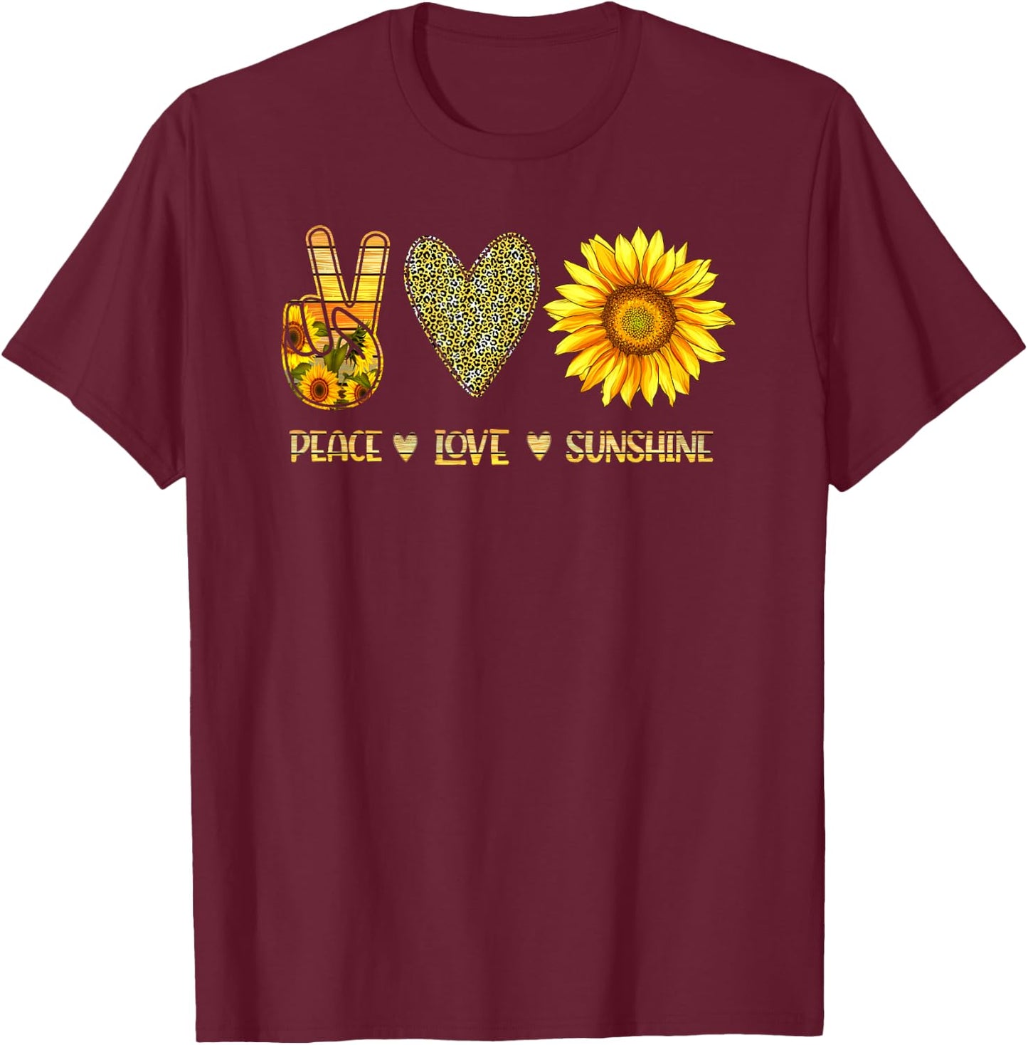 Peace Love Sunshine Sunflower Hippie Cute T-Shirt - T-Shirt | Maroon