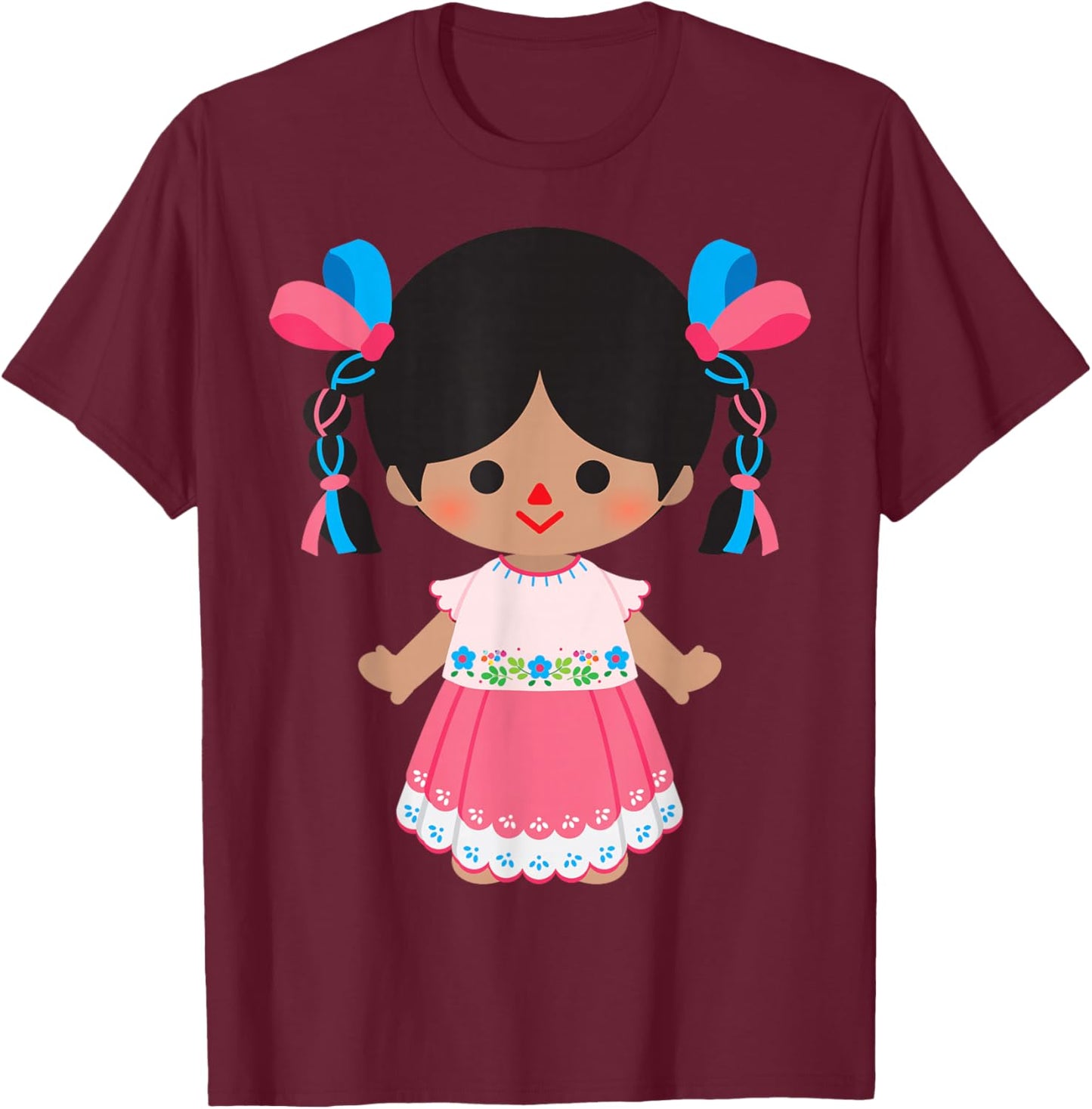 Mexican Doll Maria Mazahua Otomi Lele Traditional Handmade T-Shirt - T-Shirt | Maroon