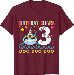 3 Year Old Birthday Boy Girl Shark Boys and Girls T-Shirt - T-Shirt | Maroon