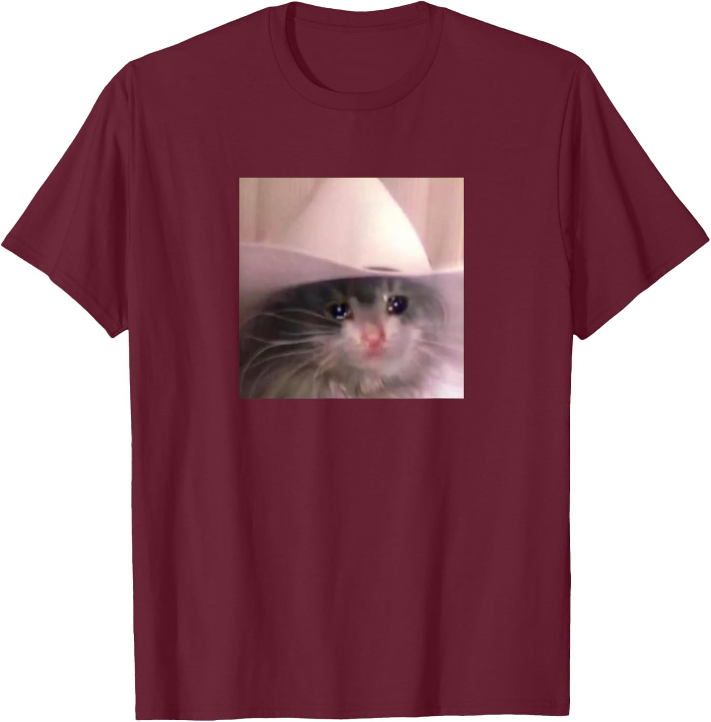 Sad Cat Cowboy Hat T-Shirt - T-Shirt | Maroon