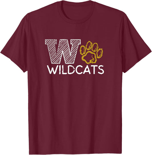 Wildcats Spirit Bold Letter W and Paw Print T-Shirt - T-Shirt | Maroon