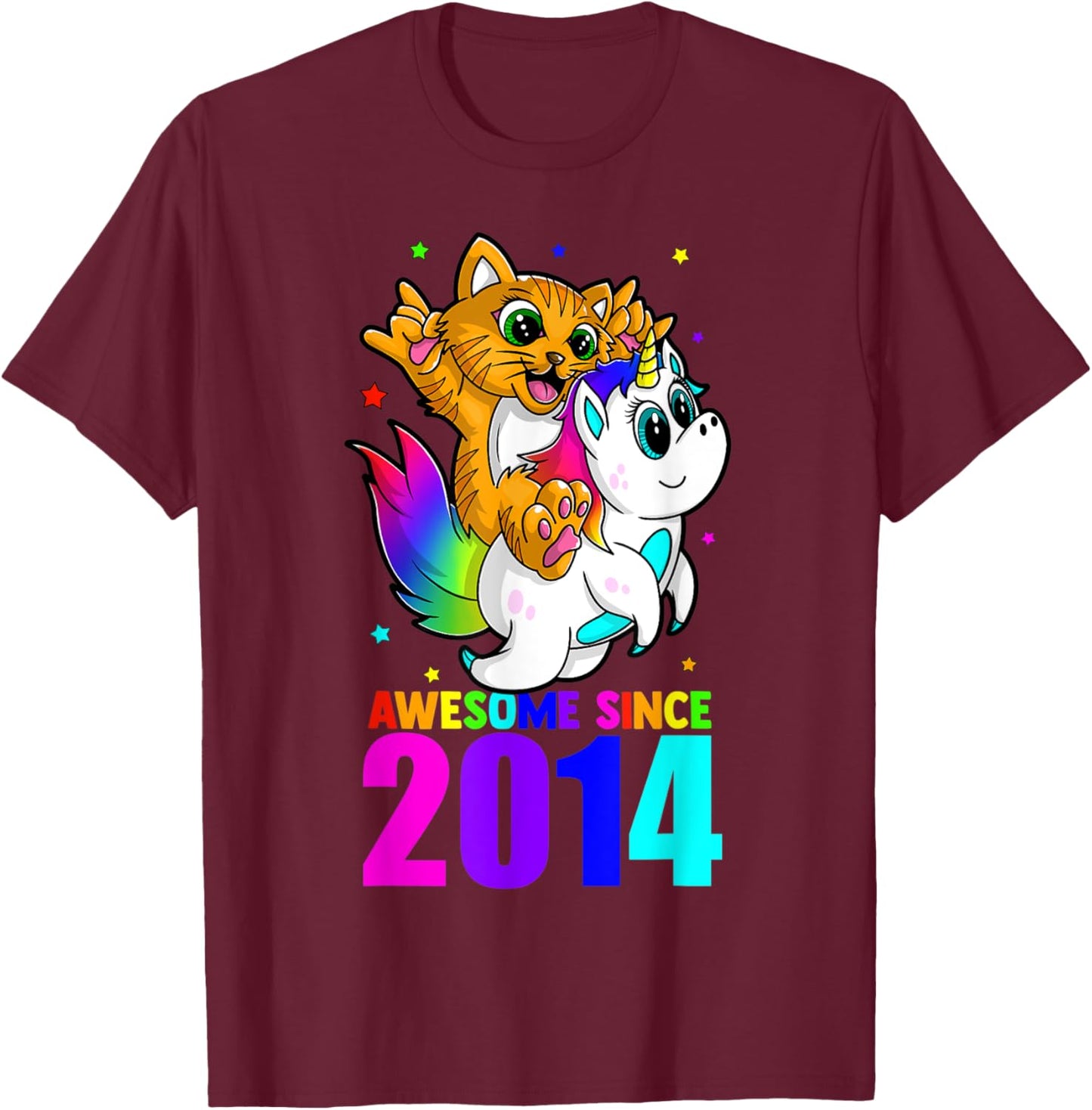 Awesome Since 2014 Unicorn Cat Birthday Girl Boys Cute Kids T-Shirt - T-Shirt | Maroon