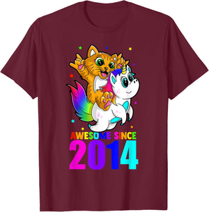 Awesome Since 2014 Unicorn Cat Birthday Girl Boys Cute Kids T-Shirt - T-Shirt | Maroon