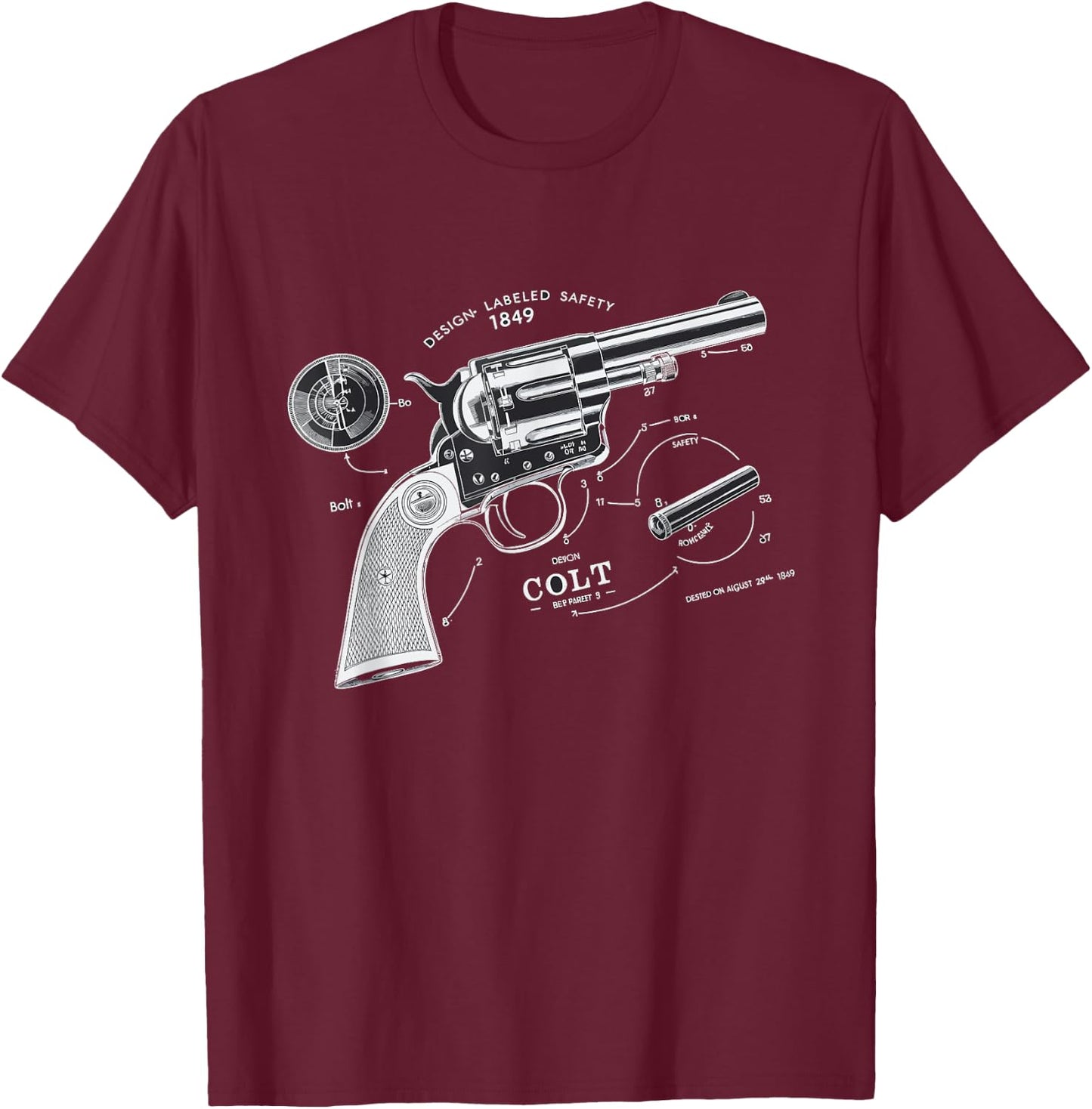 Vintage Patent Print 1839 Revolver Western Gun T-Shirt - T-Shirt | Maroon