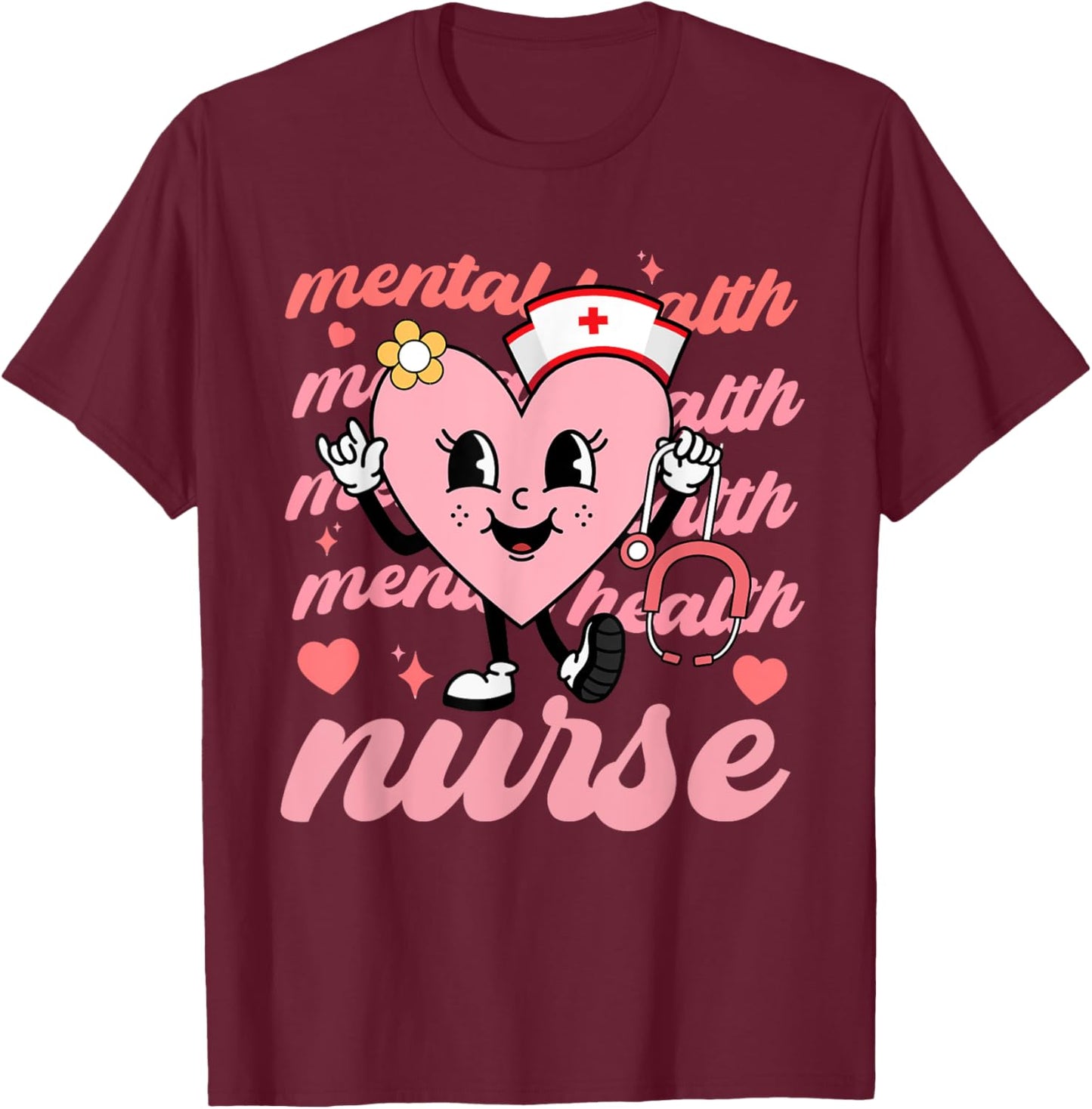 Retro Mental Health Nurse Valentines Day Hearts Stethoscope T-Shirt - T-Shirt | Maroon