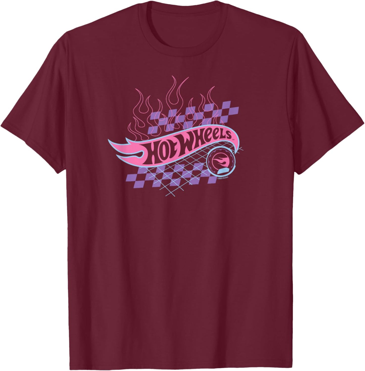 Hot Wheels - Flaming Logo With Checkered Background T-Shirt - T-Shirt | Maroon