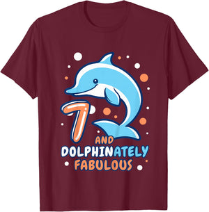 Dolphin 7th Birthday Outfit Dolphin Birthday Party Age 7 T-Shirt - T-Shirt | Maroon