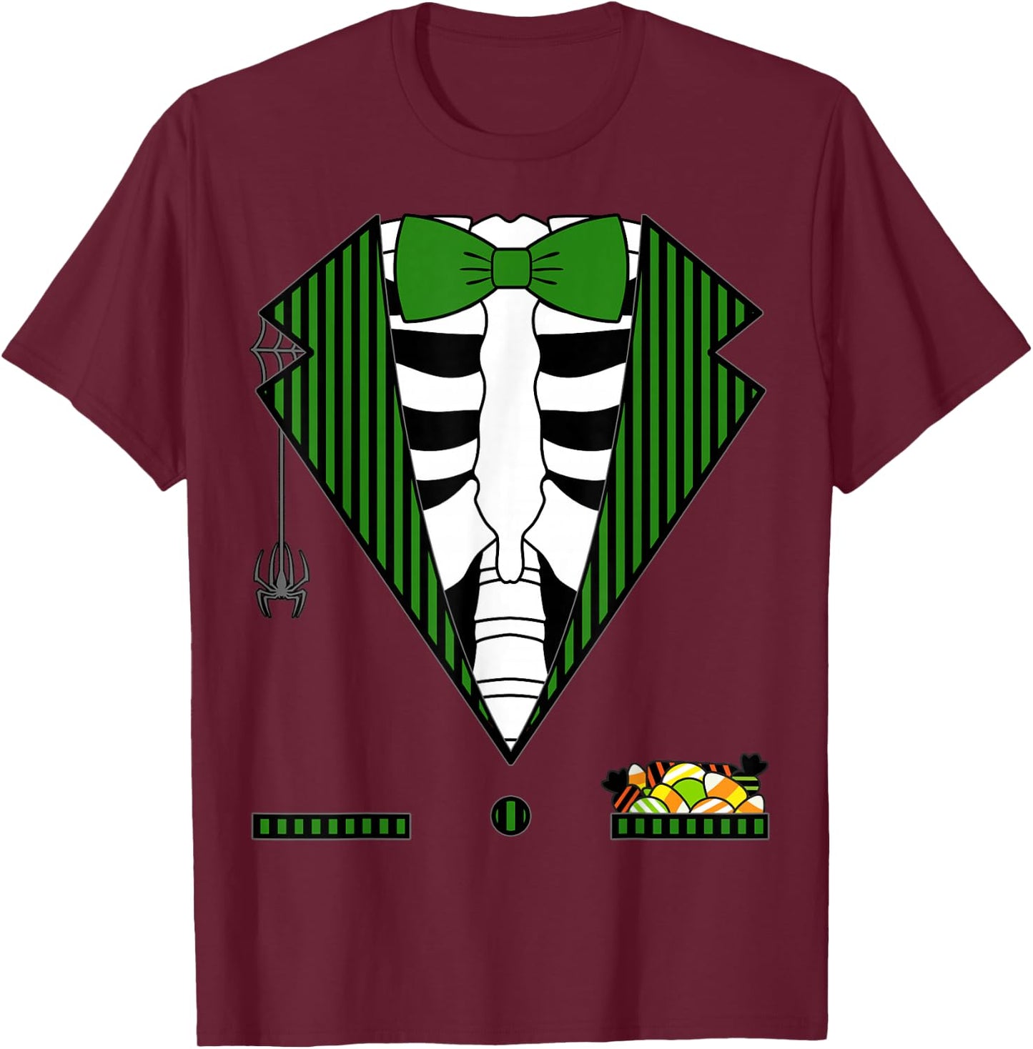 Easy Halloween Costume Shirts Green Striped Skeleton Tuxedo T-Shirt - T-Shirt | Maroon
