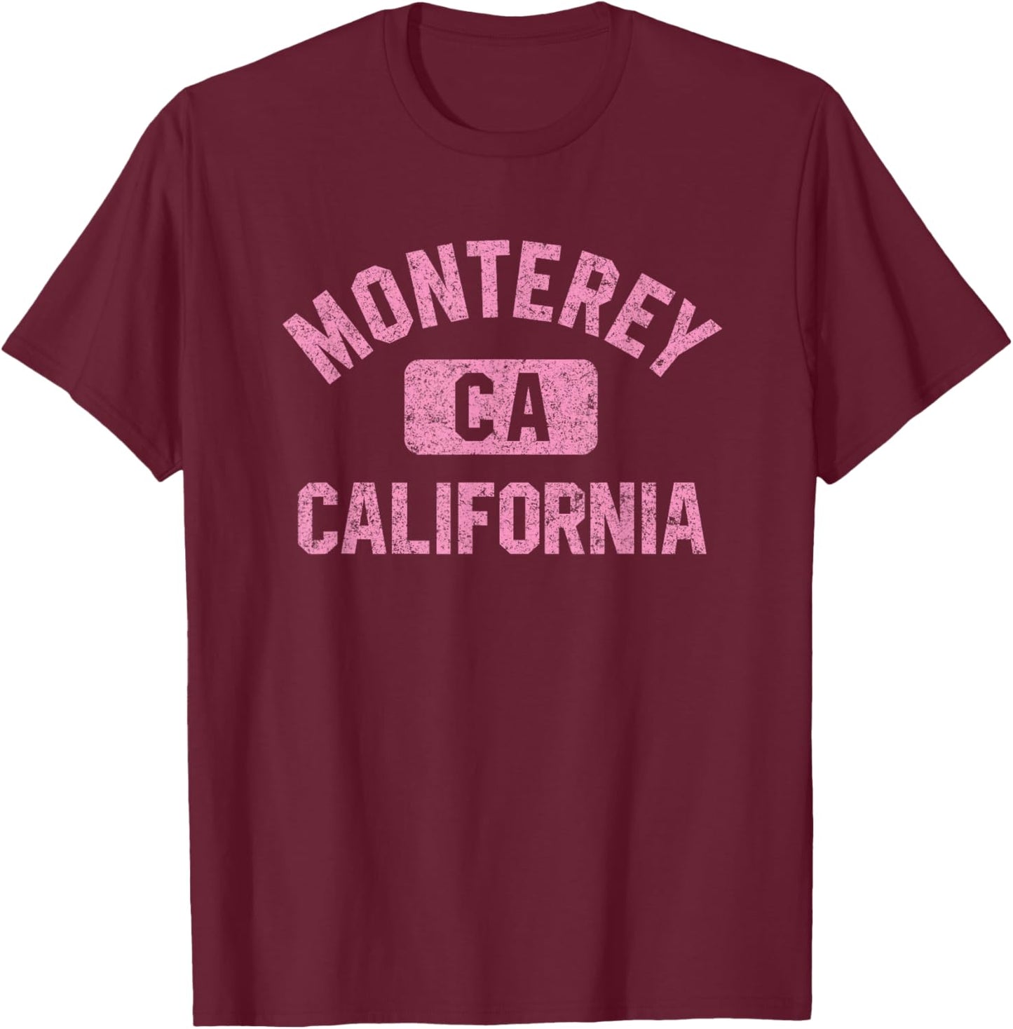 Monterey California Gym Style Distressed Pink Print T-Shirt - T-Shirt | Maroon