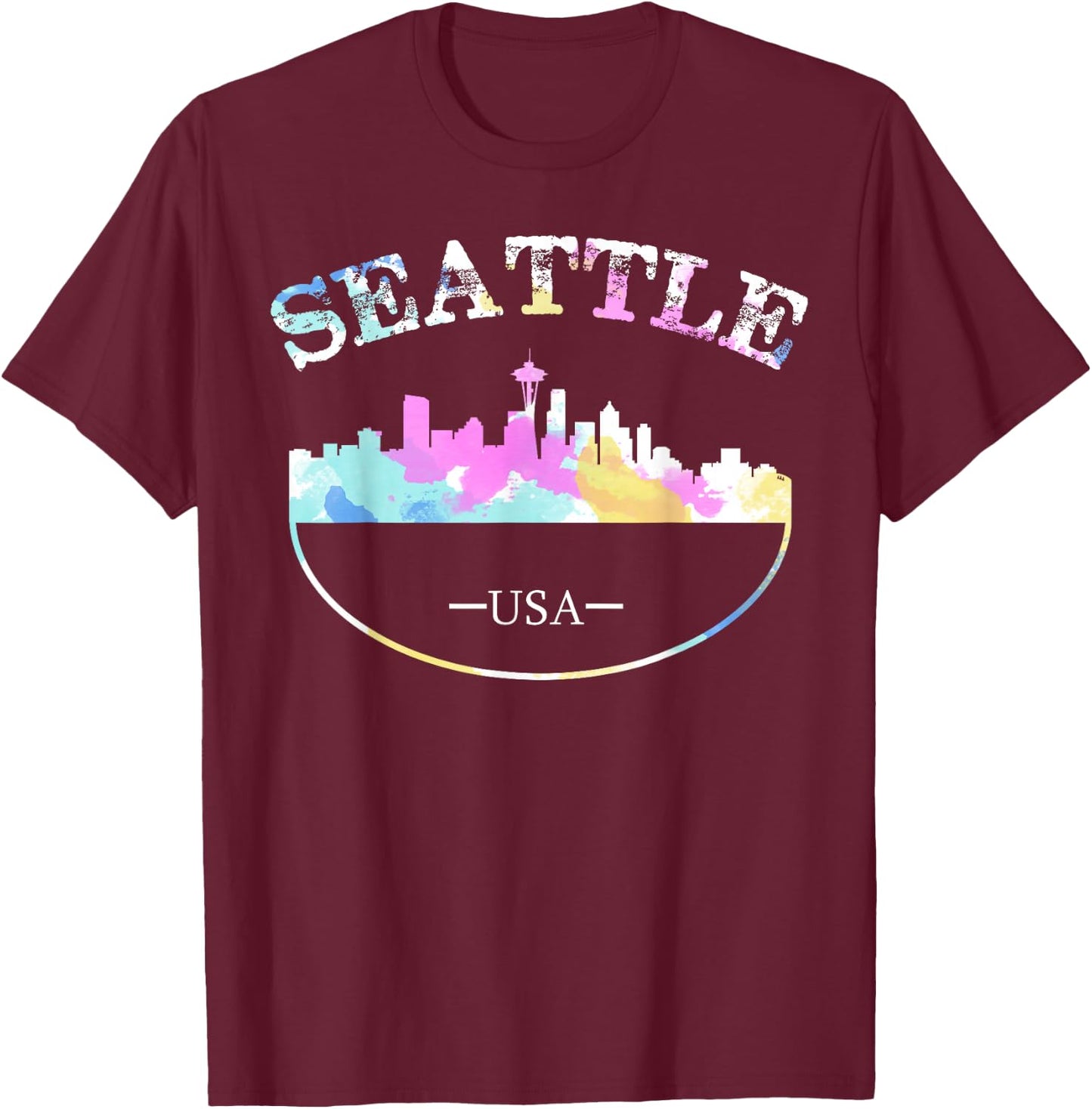 Grunge Seattle Skyline Distressed Look Design T-Shirt - T-Shirt | Maroon
