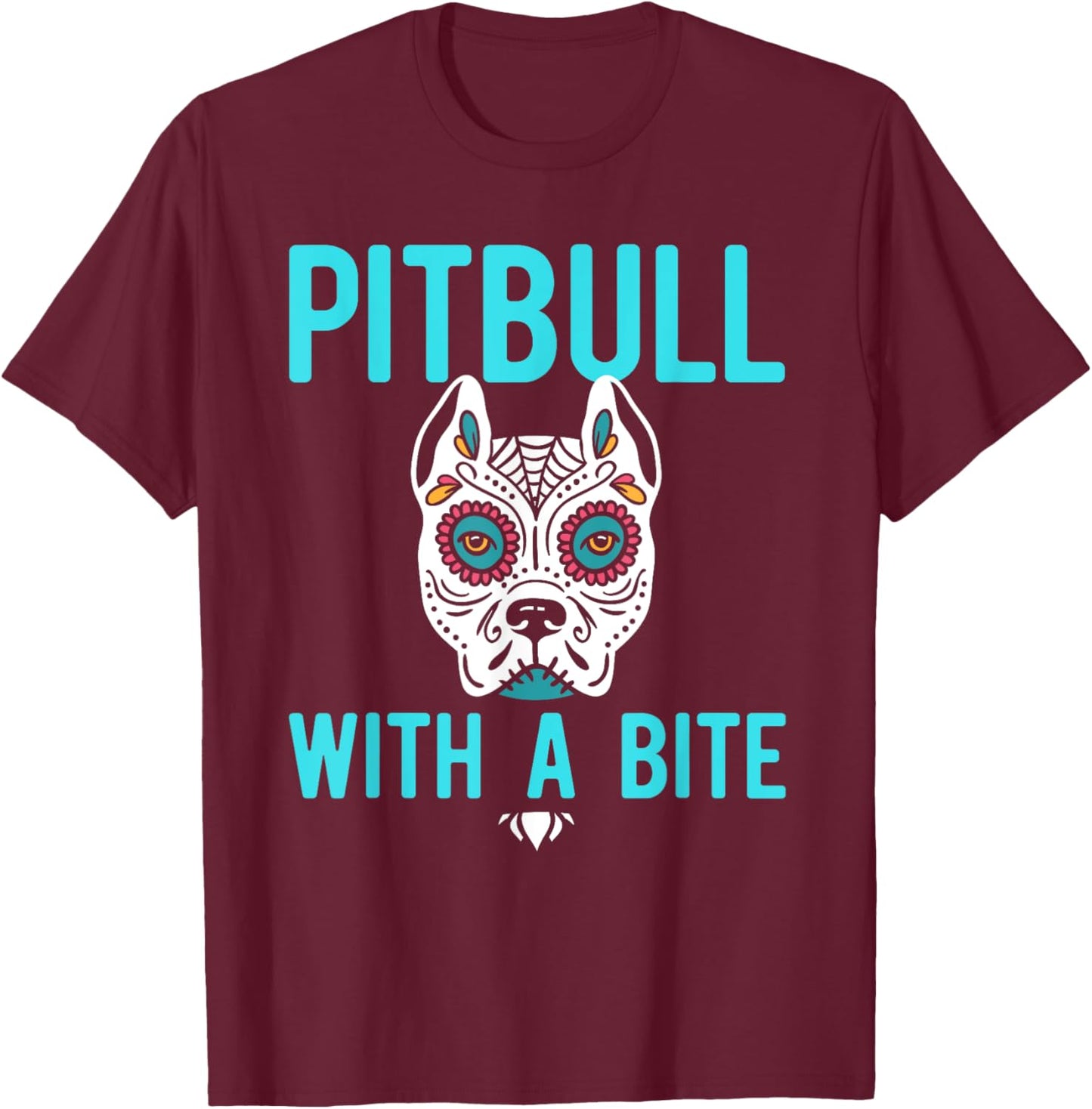 Pitbull Sugar Skull Mexican Dog Dia De Los Muertos Halloween T-Shirt - T-Shirt | Maroon