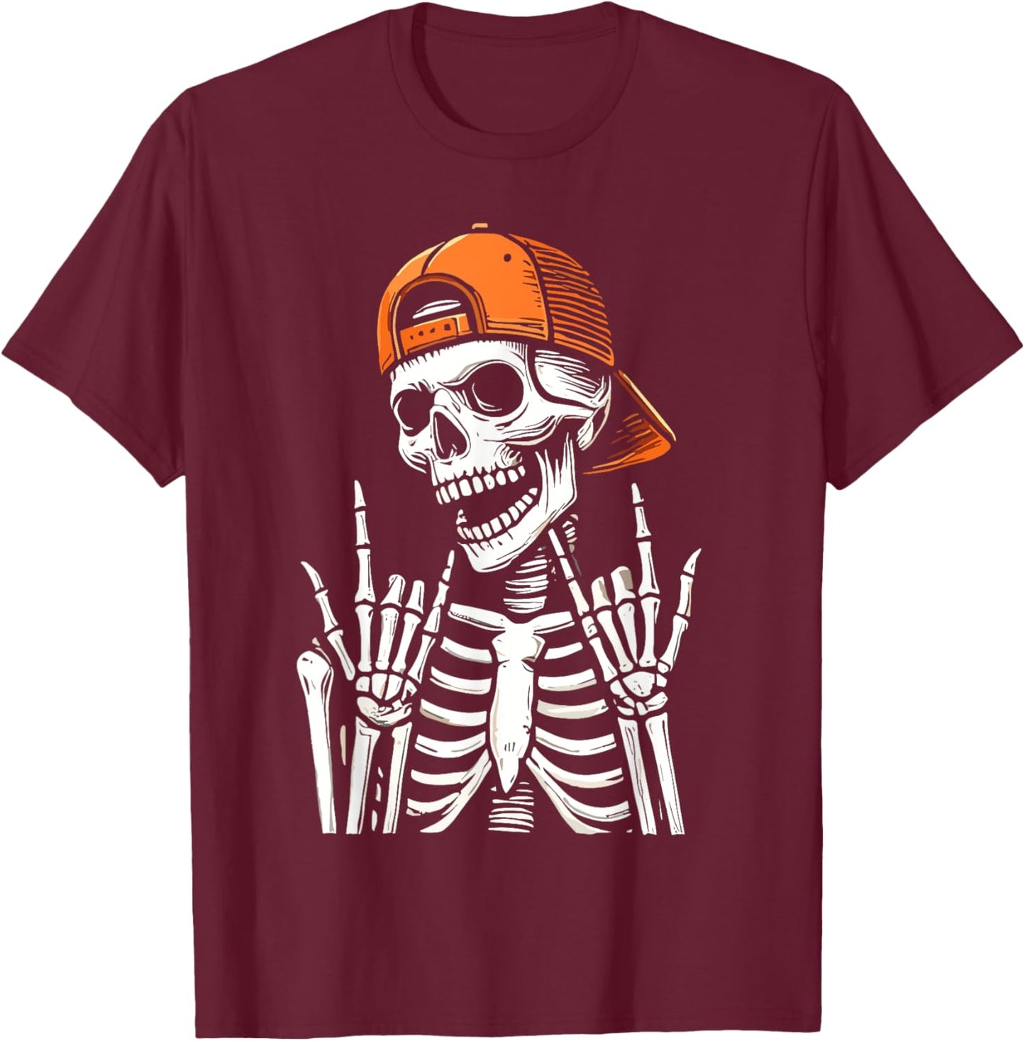 Halloween Rocker Skeleton Cap Skater T-Shirt - T-Shirt | Maroon