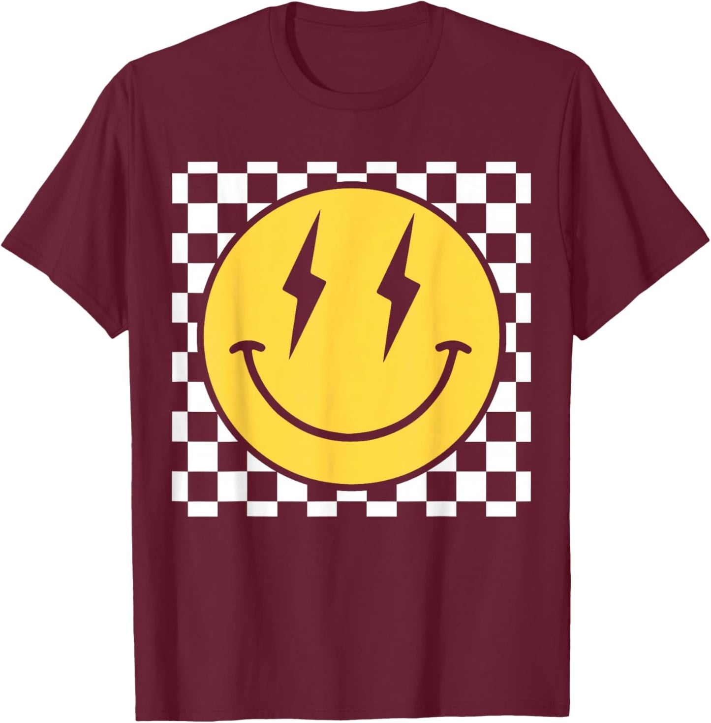 Retro Happy Face Distressed Checkered Pattern Smile Face T-Shirt - T-Shirt | Maroon