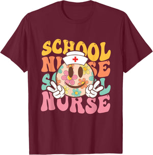 Retro groovy Smile face School Nurse back to school women T-Shirt - T-Shirt | Maroon