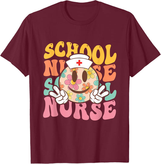 Retro groovy Smile face School Nurse back to school women T-Shirt - T-Shirt | Maroon