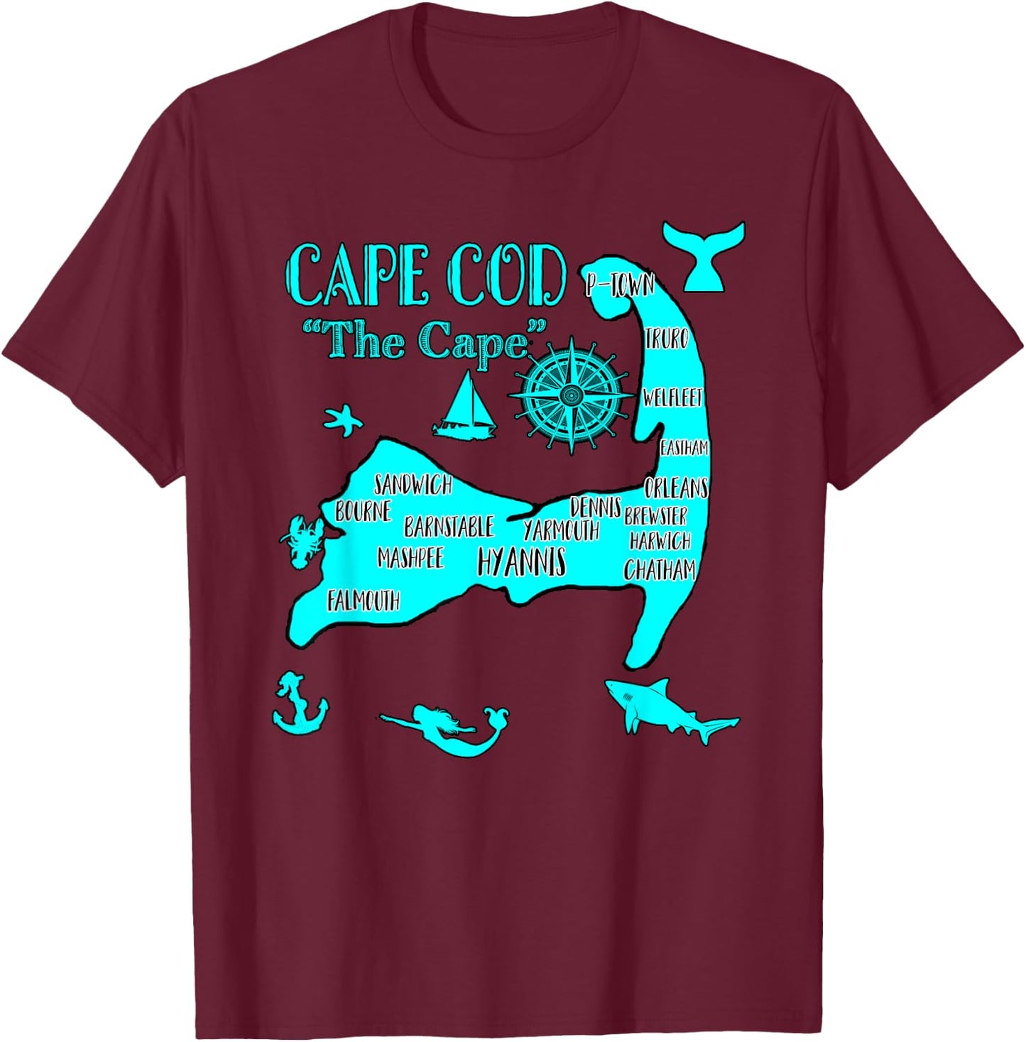 Cape Cod Aqua Blue Nautical Symbols Fish Map T-Shirt - T-Shirt | Maroon