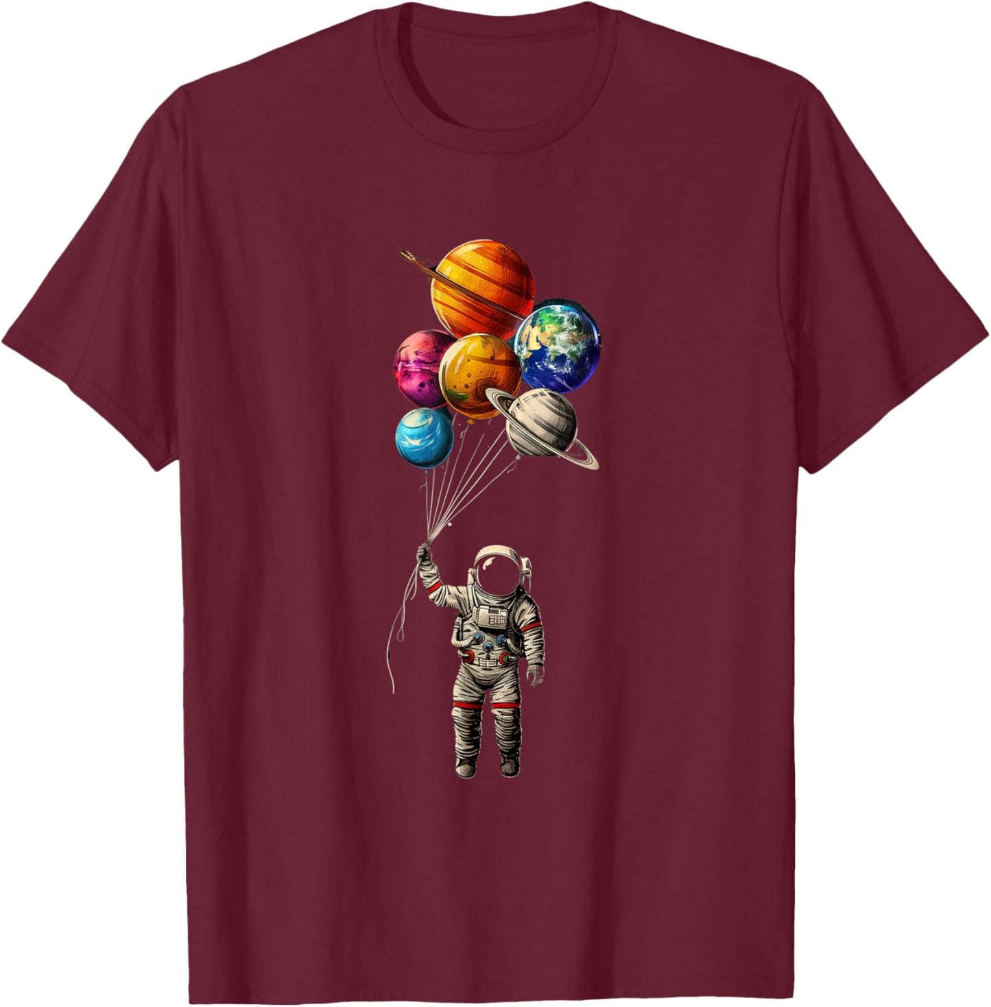 Funny Astronaut holding balloon planets T-Shirt - T-Shirt | Maroon
