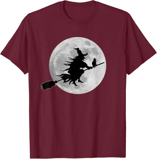 Flying Witch On Broomstick Halloween Full Moon Black Cat Women Kids