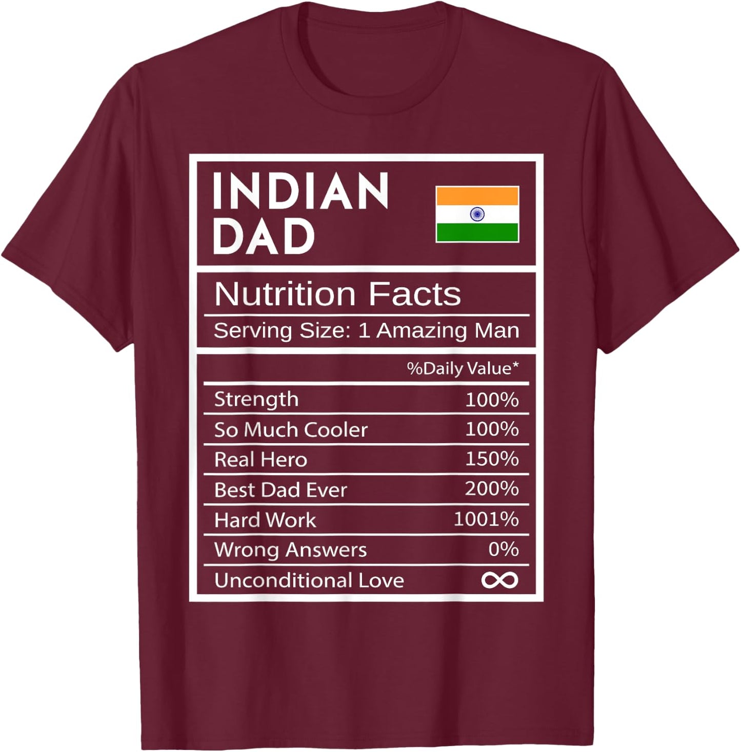 Indian Dad Nutrition Facts National Pride Gift Dad T-Shirt - T-Shirt | Maroon