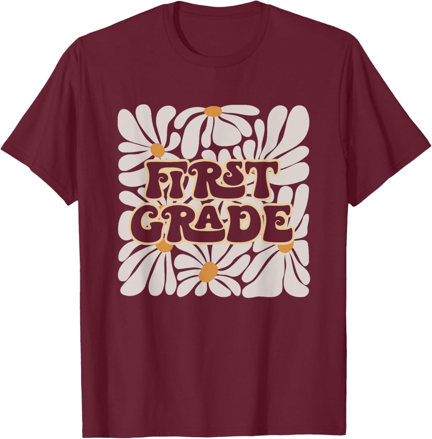 Retro Flower Power Squared First 1st Grade Back To School T-Shirt - T-Shirt | Maroon