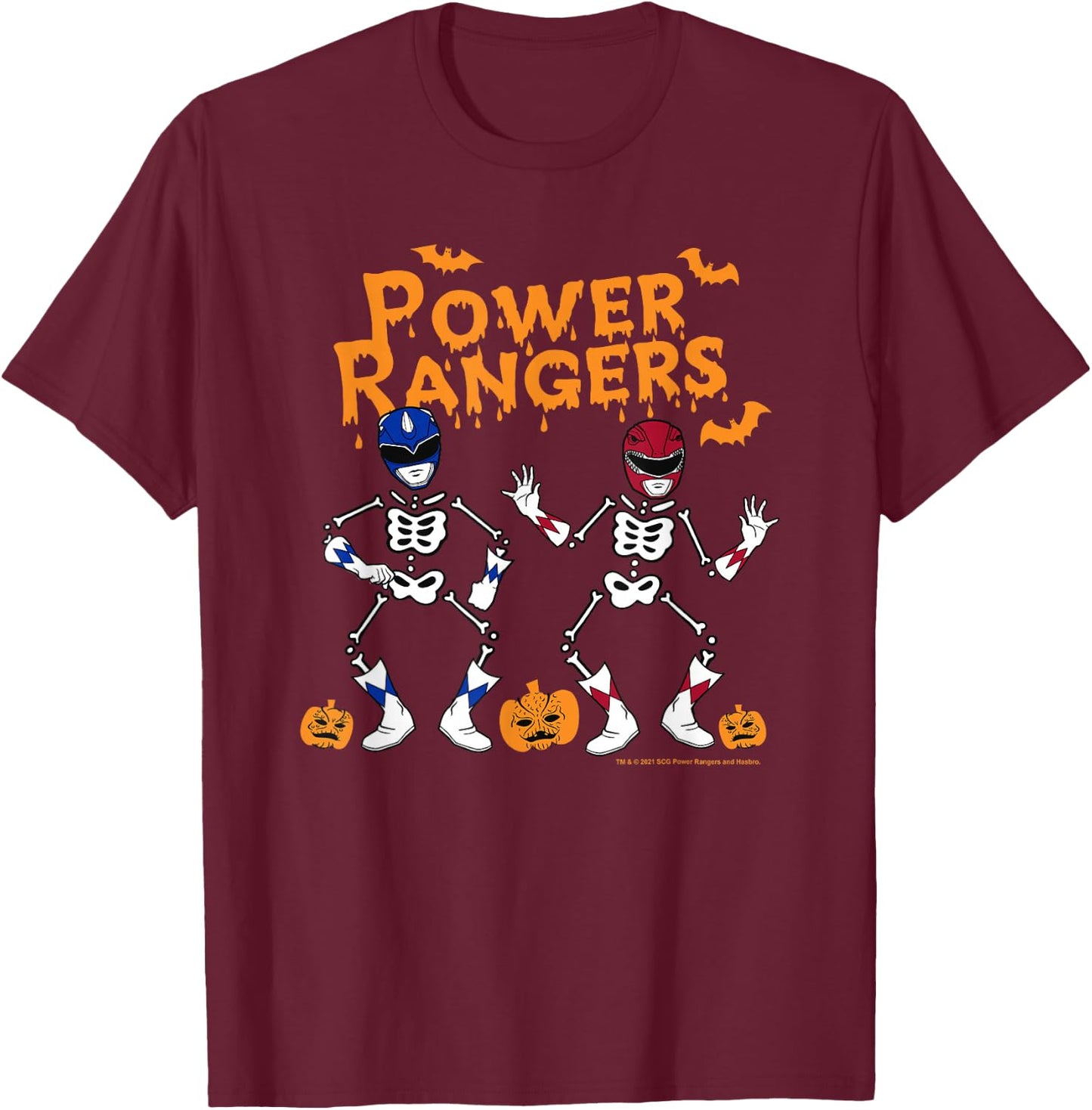 Power Rangers Halloween Blue & Red Skeletons T-Shirt - T-Shirt | Maroon