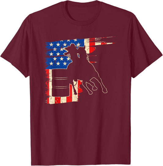 Barrel Racer American Flag, Patriotic Rodeo Barrel Racing T-Shirt - T-Shirt | Maroon