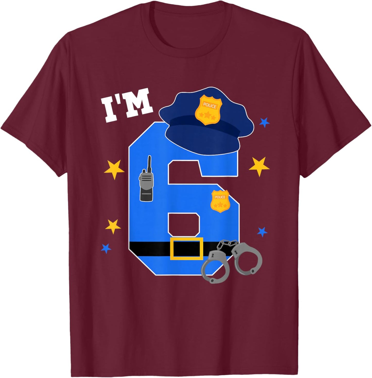 6th Birthday Police Theme 6 Year Old Birthday Police Officer T-Shirt - T-Shirt | Maroon