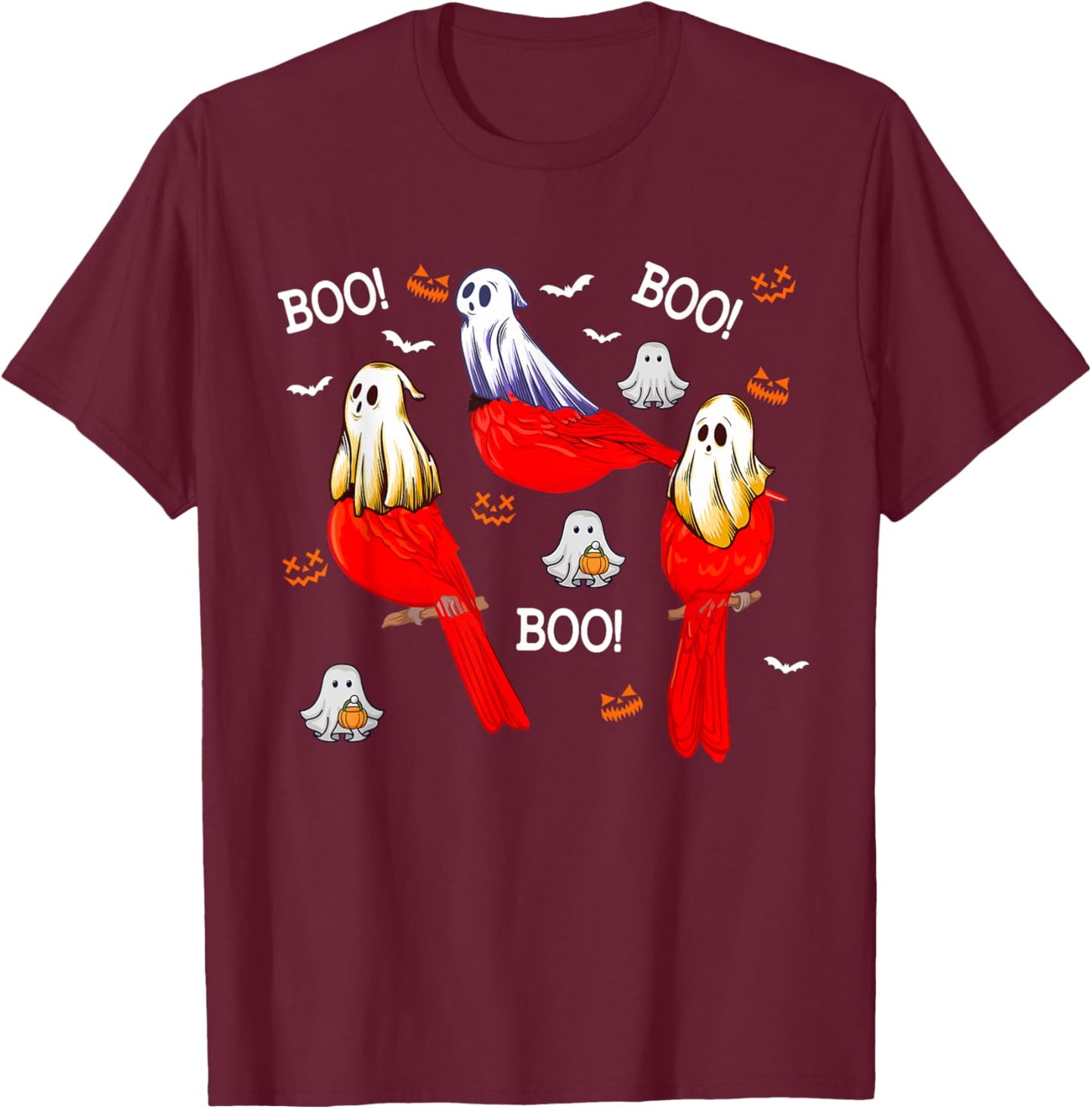 Three Halloween Cardinal Birds As Boo Ghost Costume Kids T-Shirt - T-Shirt | Maroon