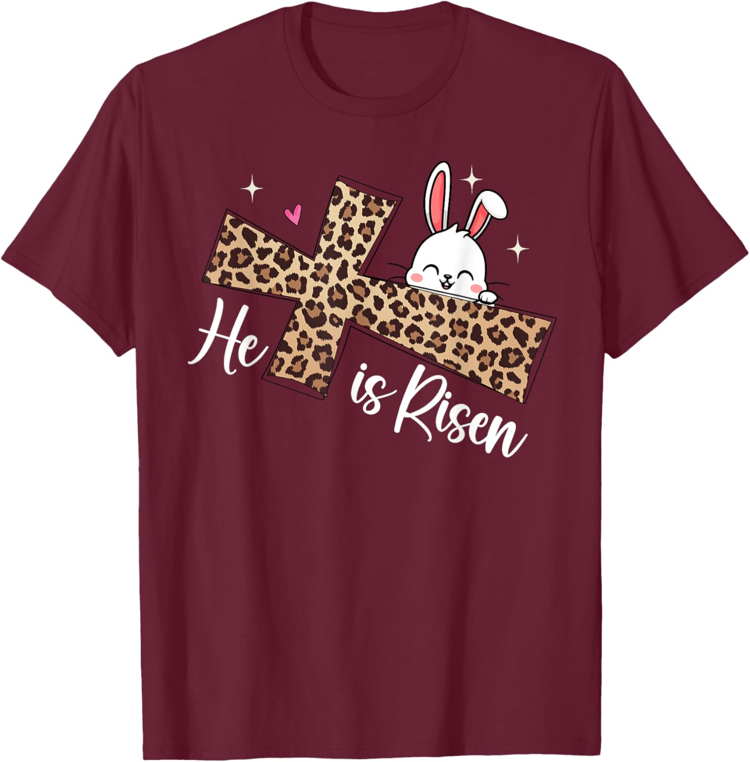He Is Risen Leopard Cross Bunny Easter Day Christian Faith T-Shirt - T-Shirt | Maroon