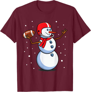 Snowman Football Player Santa Hat Men Boys Christmas Sports T-Shirt - T-Shirt | Maroon