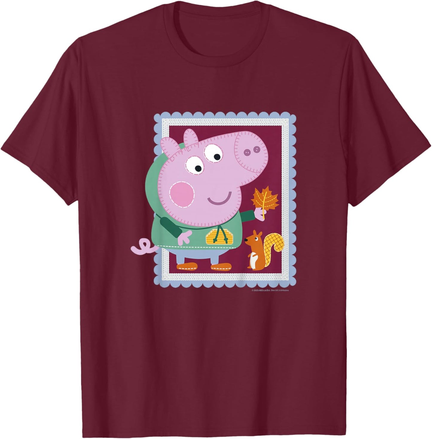 Kids Peppa Pig George & Squirrel Autumn Season Embroidered Stamp T-Shirt - T-Shirt | Maroon