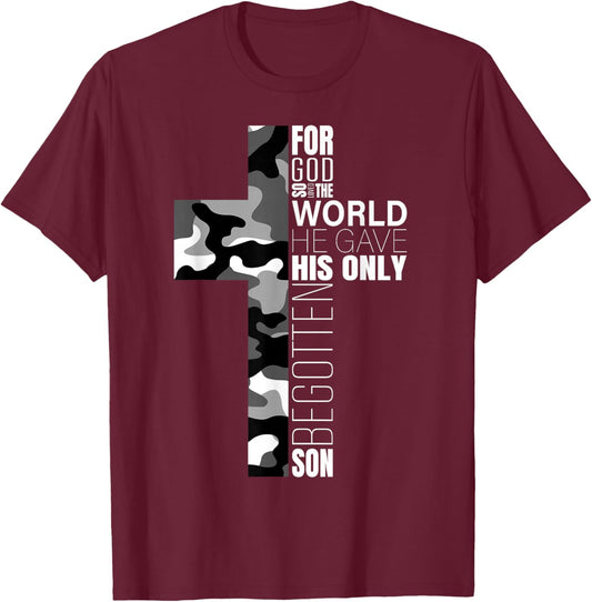 Camo Christian Cross Bible Verse Gifts Men Kids John 3 16 T-Shirt - T-Shirt | Maroon