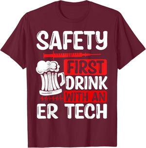 Funny ER Technician Badge Reel Drinking Essentials Humor T-Shirt - T-Shirt | Maroon