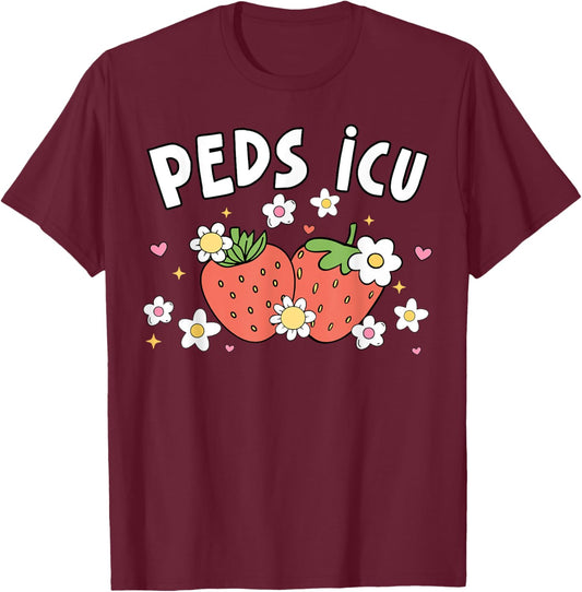 Retro PEDS ICU Strawberry Floral Pediatric Cardiac ICU Nurse T-Shirt - T-Shirt | Maroon