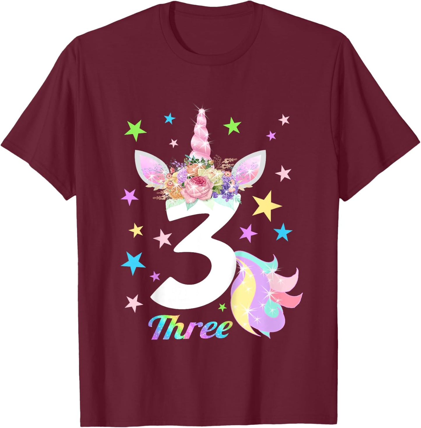 Number 3 (Three) 3 Year Old Unicorn 3rd Birthday Shirt T-Shirt - T-Shirt | Maroon