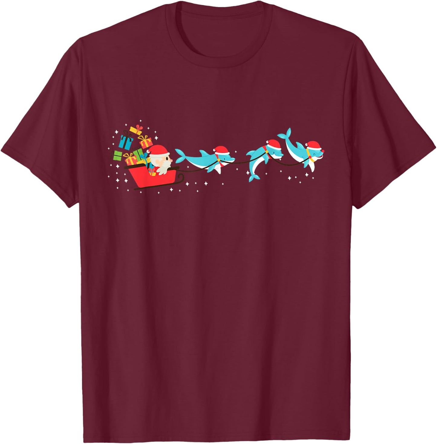Dolphin Christmas Santa Sleigh T-Shirt - T-Shirt | Maroon