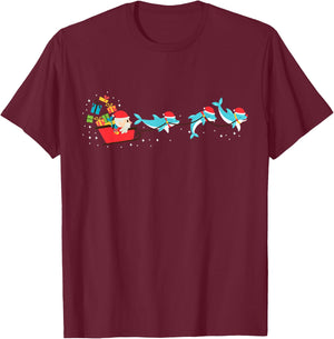 Dolphin Christmas Santa Sleigh T-Shirt - T-Shirt | Maroon