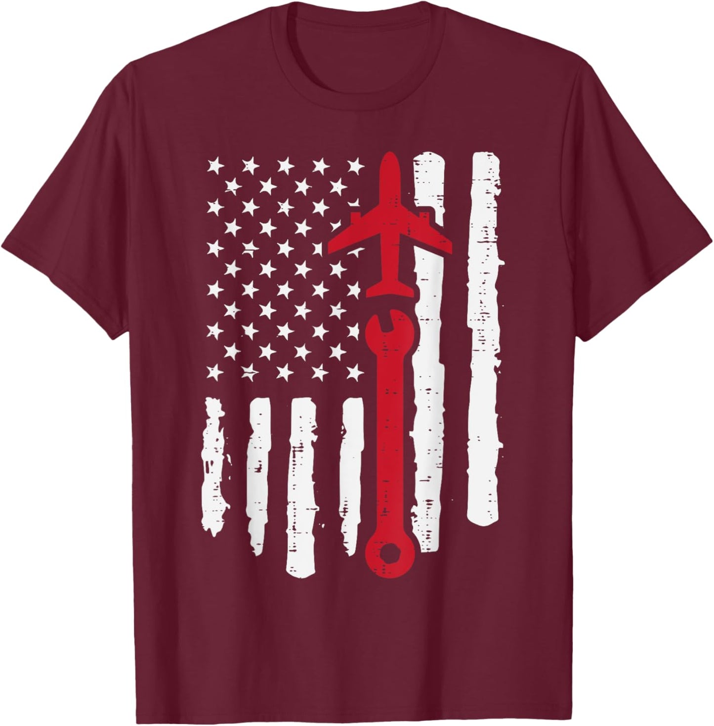 US Flag Airplane Wrench Aircraft Mechanic Patriot Men Women T-Shirt - T-Shirt | Maroon
