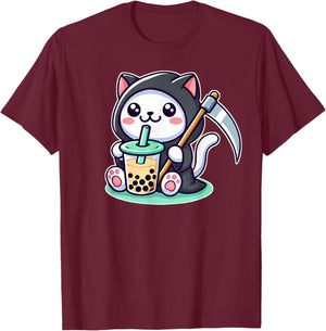 Japan Bubble Tea Boba Tea Kawaii Anime Neko Grim Reaper Cat Men Women T-Shirt - T-Shirt | Maroon