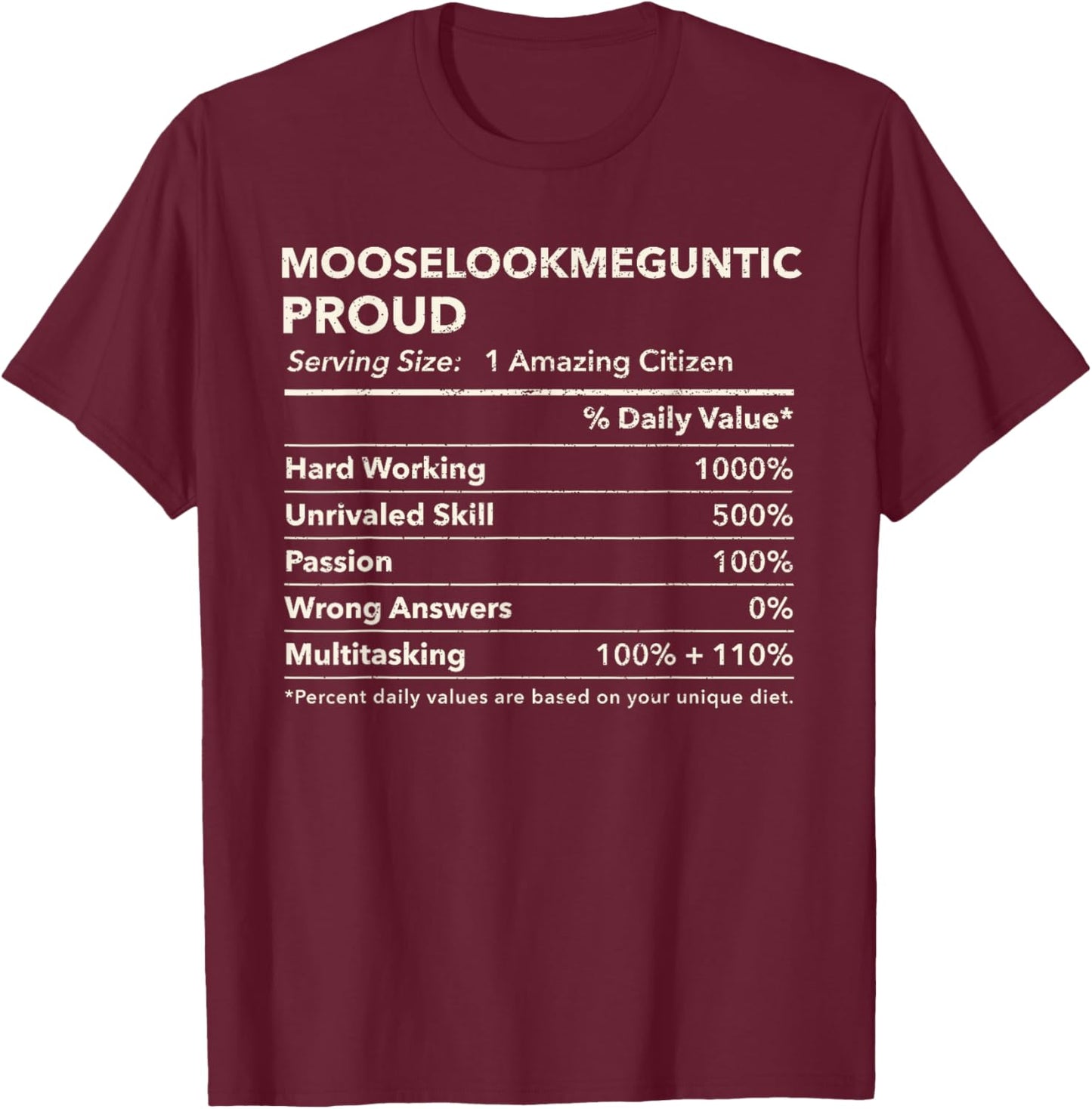 Mooselookmeguntic, Maine Proud Nutrition Facts T-Shirt - T-Shirt | Maroon