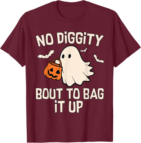 No Diggity Bout To Bag It Up Cute Ghost Halloween Kids Candy T-Shirt - T-Shirt | Maroon