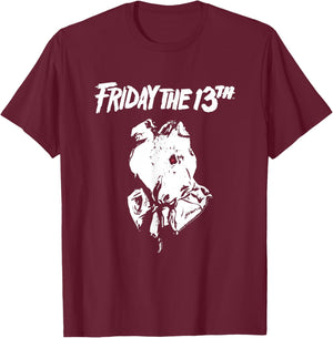 Friday The 13th: Part 2 White Logo & Mask T-Shirt - T-Shirt | Maroon