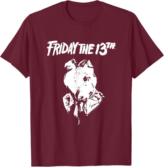 Friday The 13th: Part 2 White Logo & Mask T-Shirt - T-Shirt | Maroon