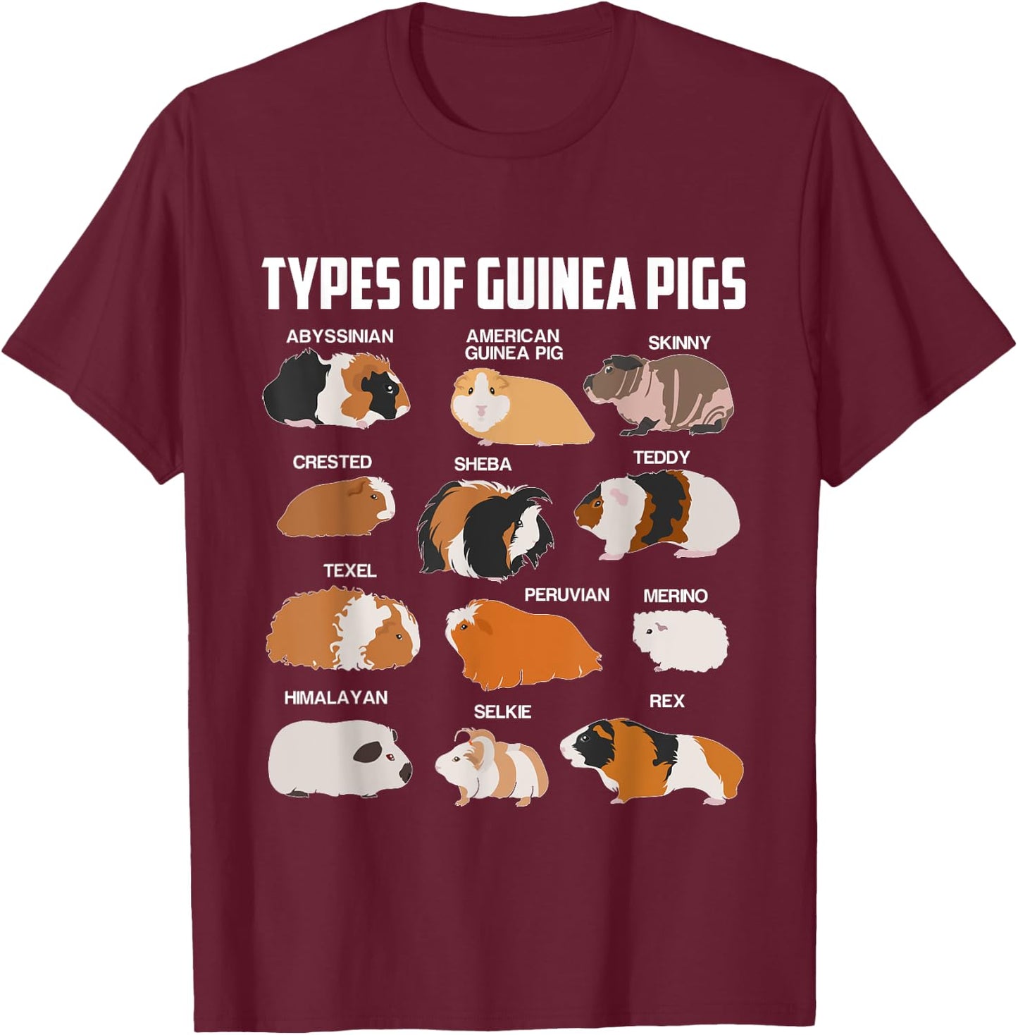 Different Types Guinea Pig Pet Gift T-Shirt - T-Shirt | Maroon